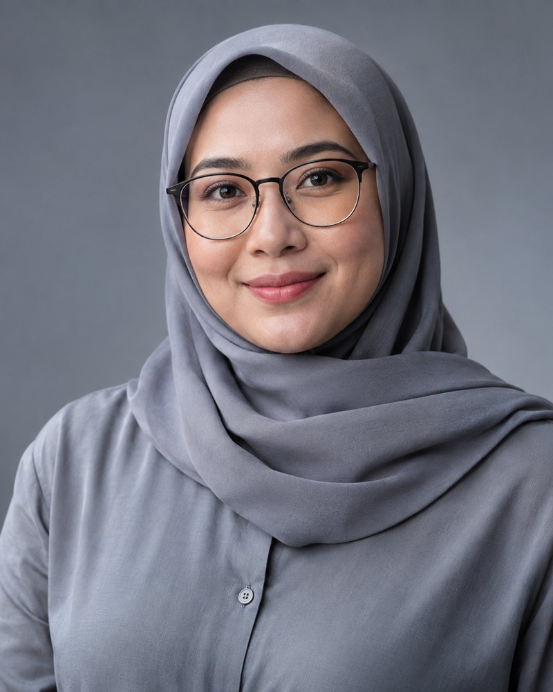Wanita Melayu berkaca mata dan tudung kelabu, baju tanpa logo