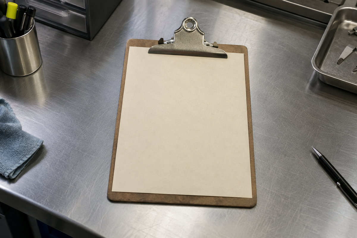 Papan klip dengan kertas beige kosong di meja logam, tanpa huruf